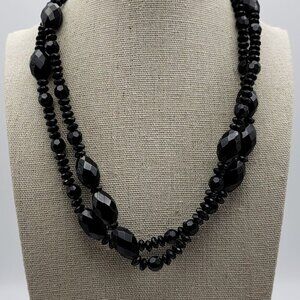 AV Signed Black Faceted Glass Beaded Necklace 37 In Gunmetal Tone Lobster Clasp